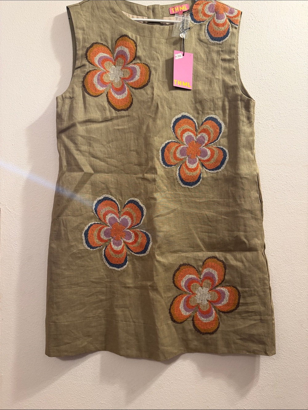 NWT THML Olive Shift Dress with Orange, Pink & Navy Floral Appliqué Size Medium